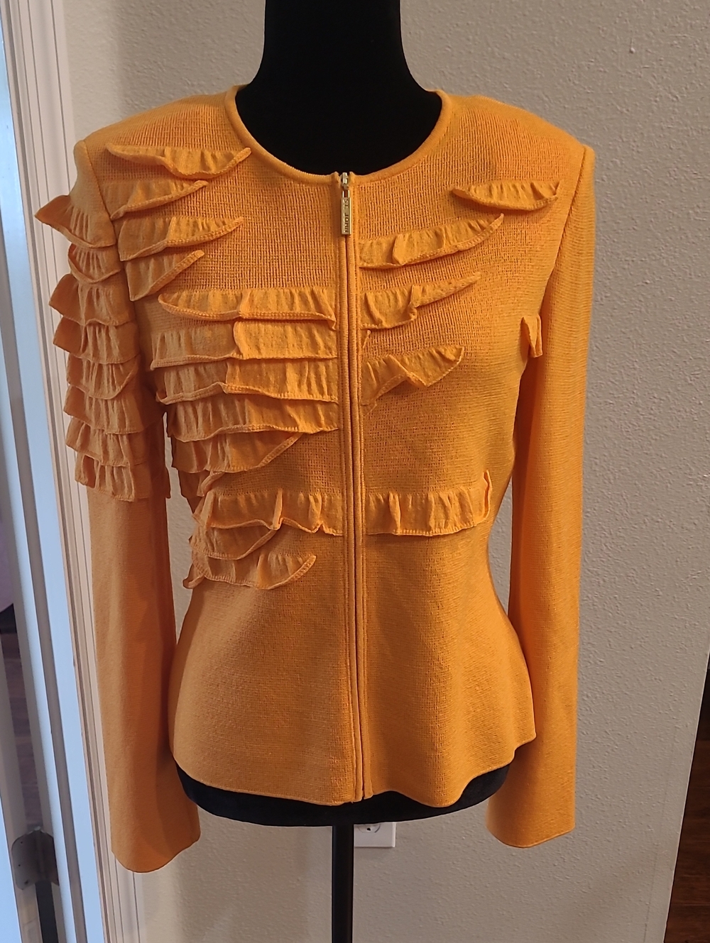 St John Wool Knit Women's Ruffle-Trim Zip Front Jacket - Orange Size 6
